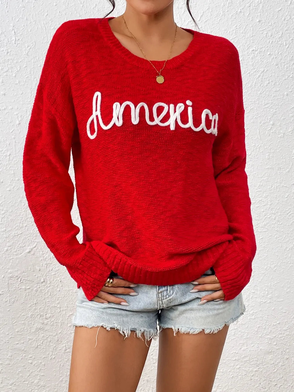 Letter Round Neck Long Sleeve Sweater - Korvel