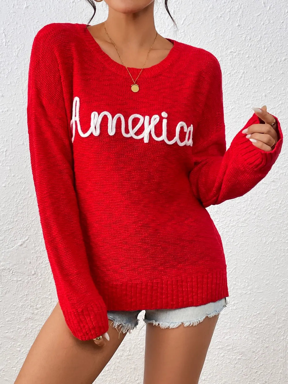 Letter Round Neck Long Sleeve Sweater - Korvel