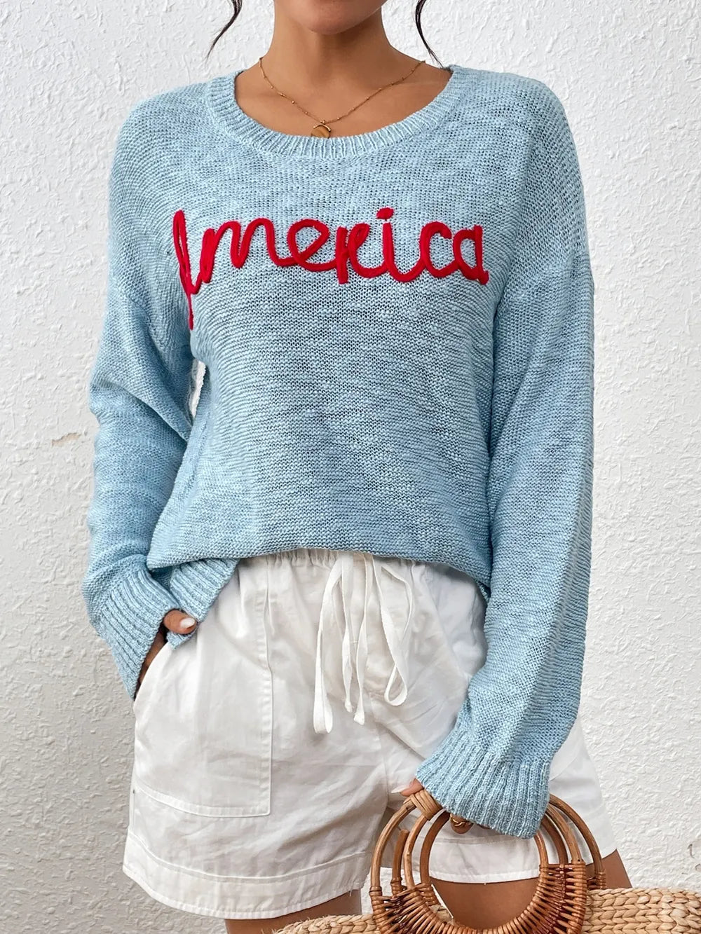 Letter Round Neck Long Sleeve Sweater - Korvel