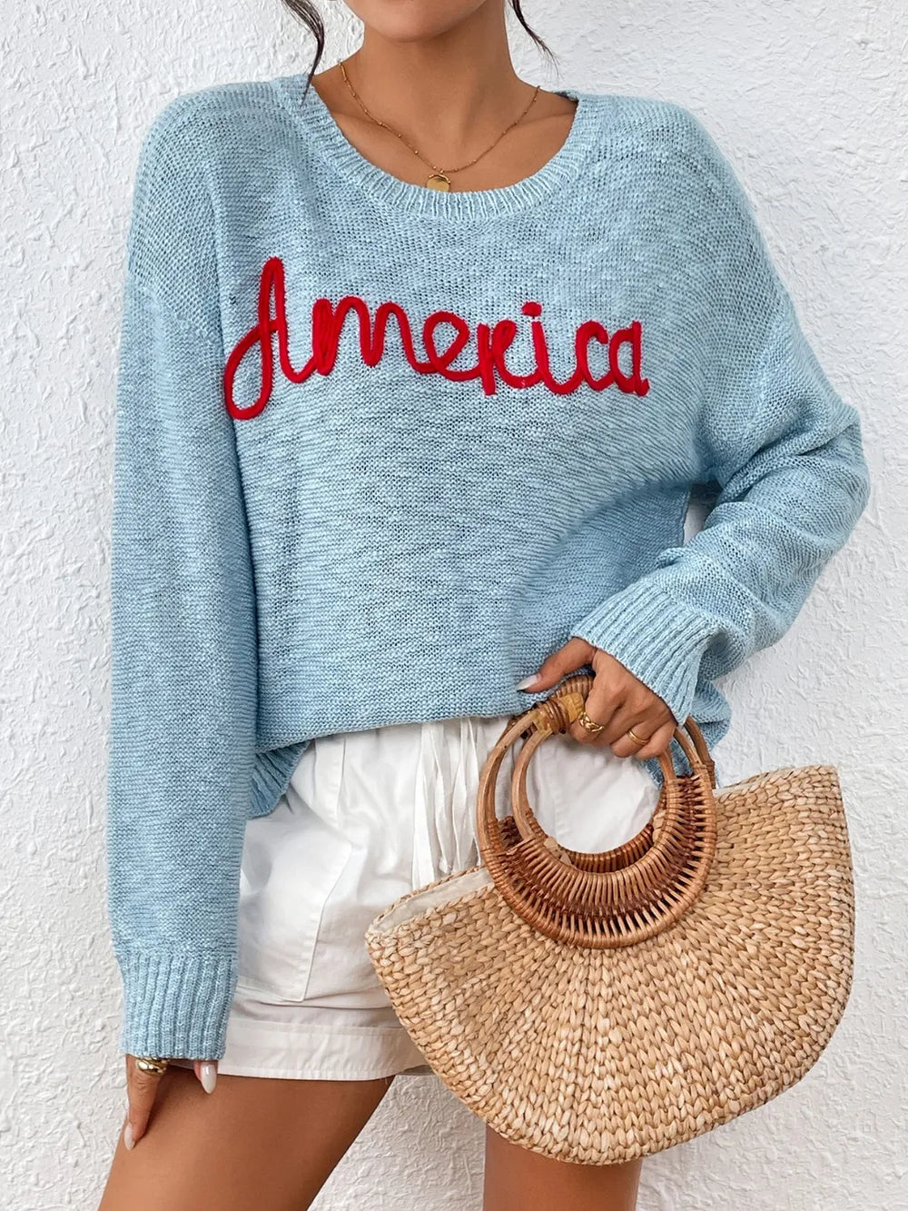 Letter Round Neck Long Sleeve Sweater - Korvel