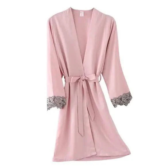 Elegant Pink Silk Bathrobe with Lace Trim for Women - Perfect for Bridesmaids and Lounging - Korvel