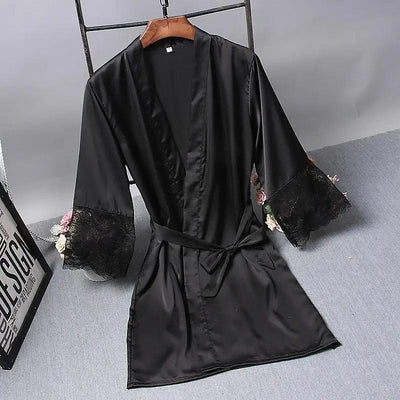 Elegant Pink Silk Bathrobe with Lace Trim for Women - Perfect for Bridesmaids and Lounging - Korvel