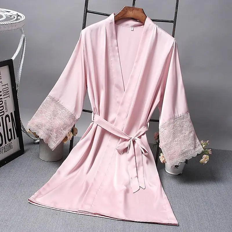 Elegant Pink Silk Bathrobe with Lace Trim for Women - Perfect for Bridesmaids and Lounging - Korvel