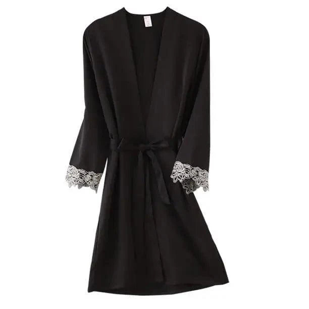 Elegant Pink Silk Bathrobe with Lace Trim for Women - Perfect for Bridesmaids and Lounging - Korvel