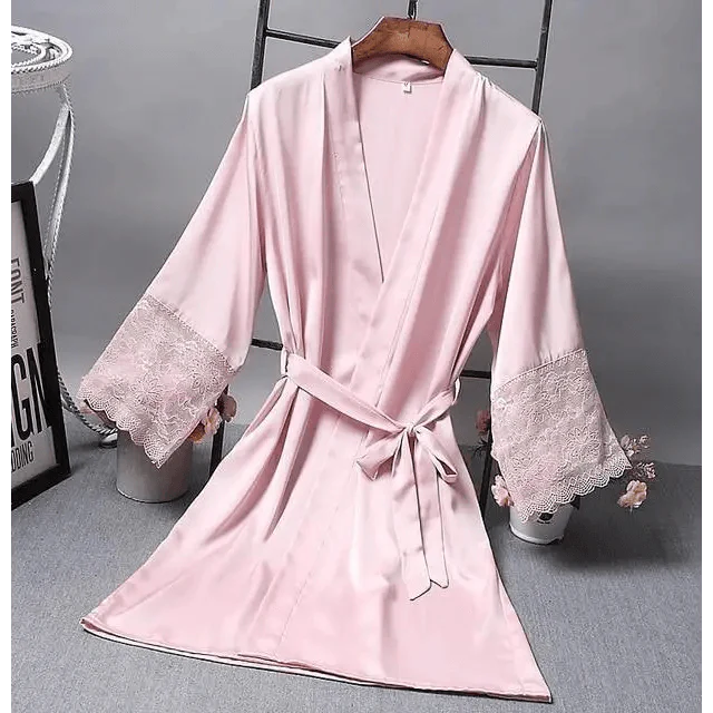 Elegant Pink Silk Bathrobe with Lace Trim for Women - Perfect for Bridesmaids and Lounging - Korvel
