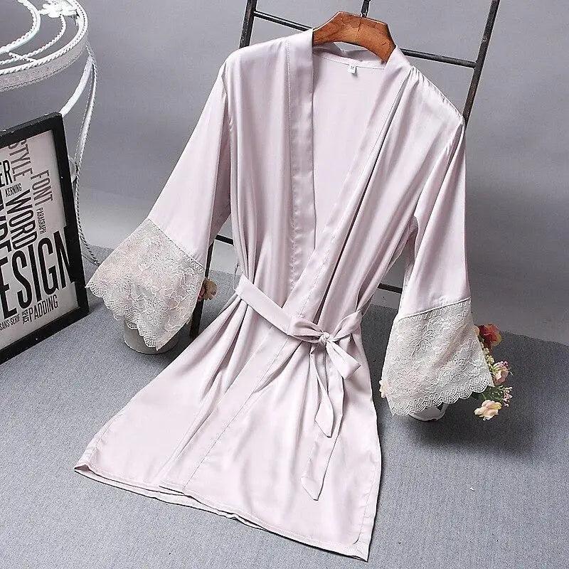 Elegant Pink Silk Bathrobe with Lace Trim for Women - Perfect for Bridesmaids and Lounging - Korvel