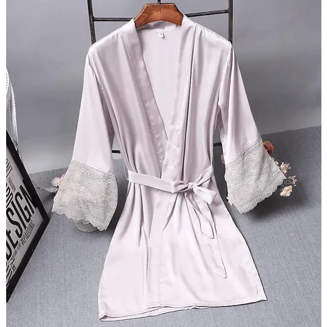 Elegant Pink Silk Bathrobe with Lace Trim for Women - Perfect for Bridesmaids and Lounging - Korvel