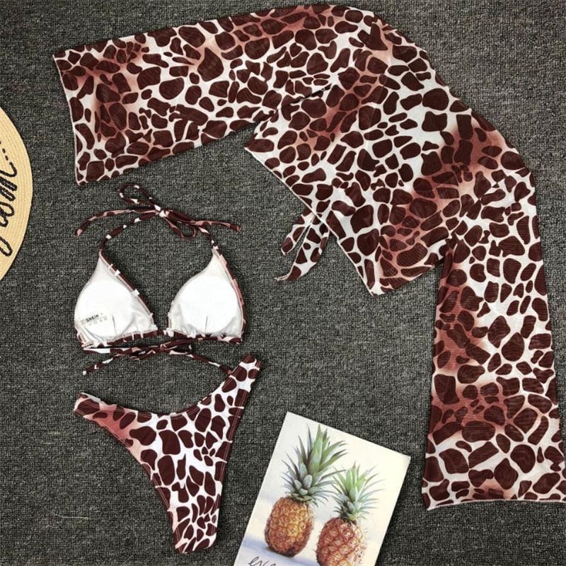 Ensemble de bikini à manches longues imprimé léopard pour femmes