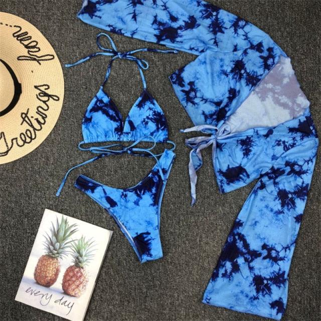 Ensemble de bikini à manches longues imprimé léopard pour femmes