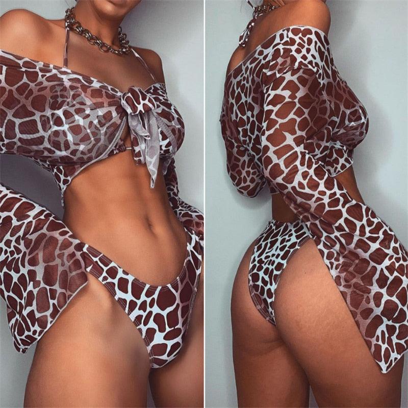 Ensemble de bikini à manches longues imprimé léopard pour femmes
