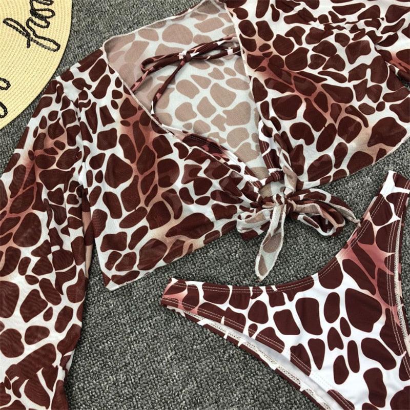 Ensemble de bikini à manches longues imprimé léopard pour femmes
