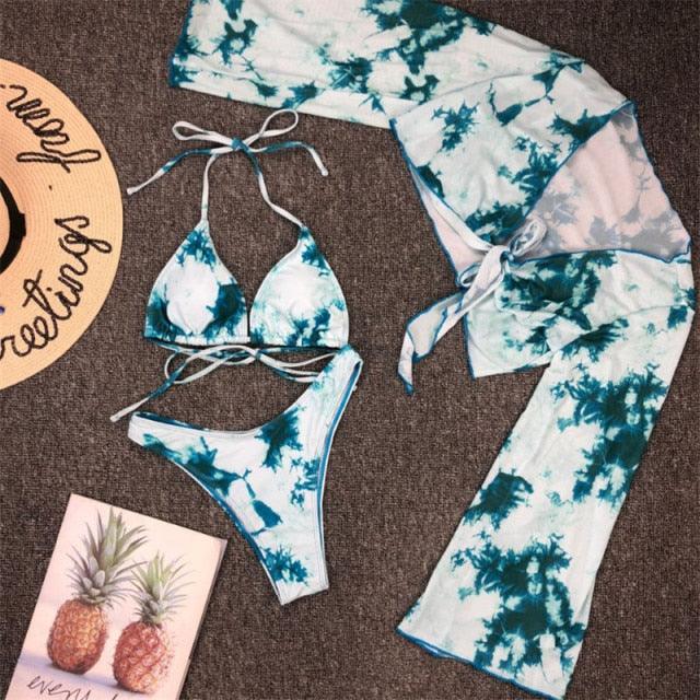 Ensemble de bikini à manches longues imprimé léopard pour femmes