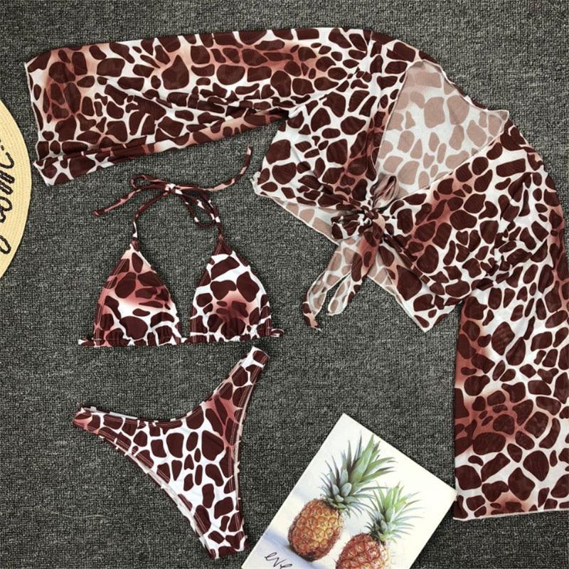 Ensemble de bikini à manches longues imprimé léopard pour femmes