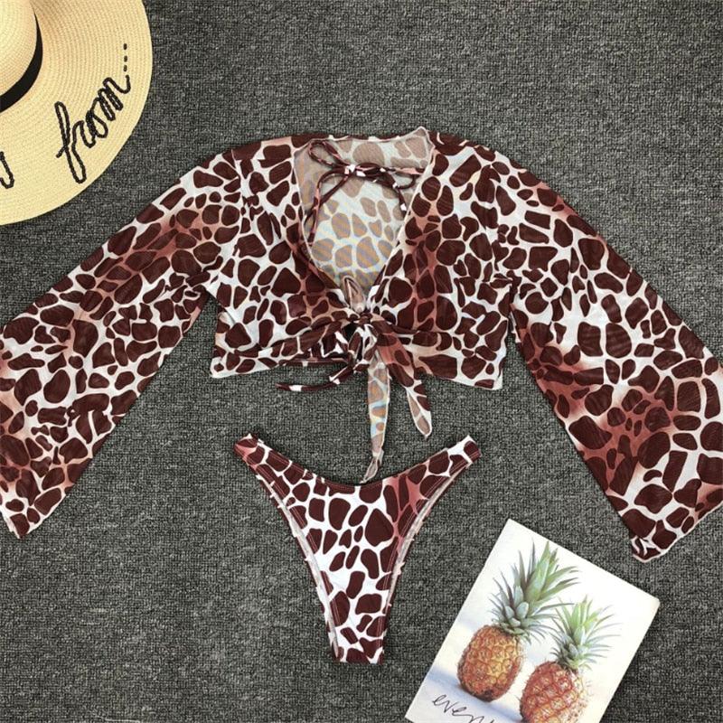 Ensemble de bikini à manches longues imprimé léopard pour femmes