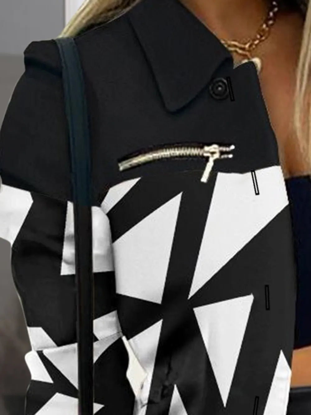 Long sleeved button color blocked printed lapel commuter suit for women - Korvel