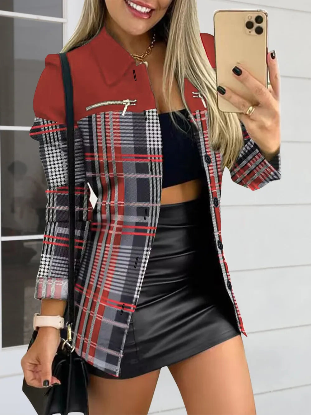 Long sleeved button color blocked printed lapel commuter suit for women - Korvel