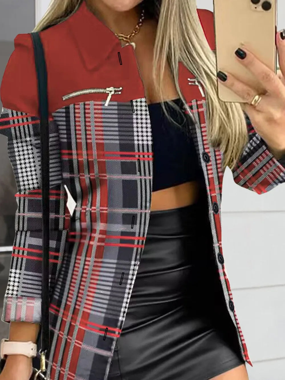 Long sleeved button color blocked printed lapel commuter suit for women - Korvel