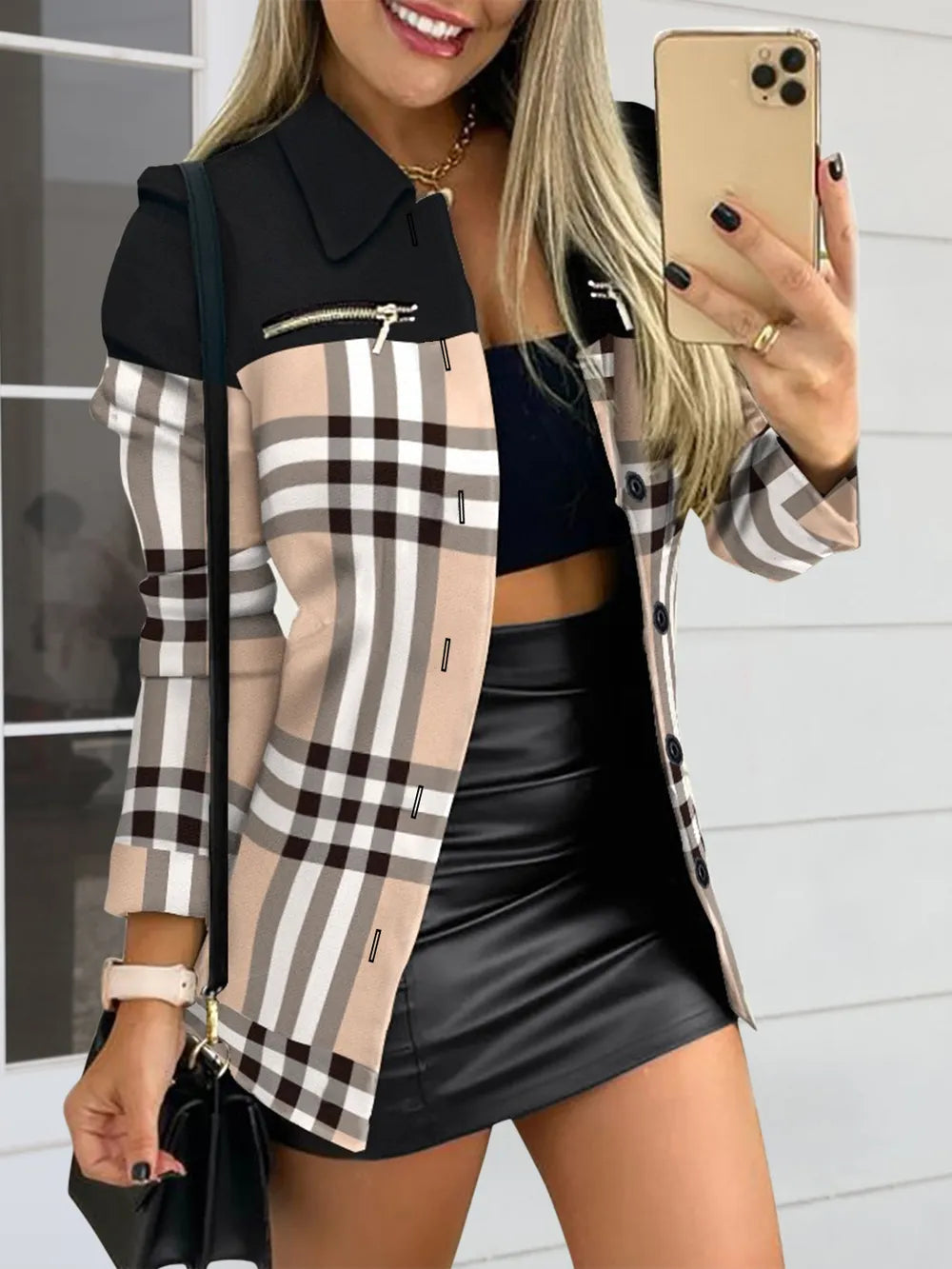 Long sleeved button color blocked printed lapel commuter suit for women - Korvel