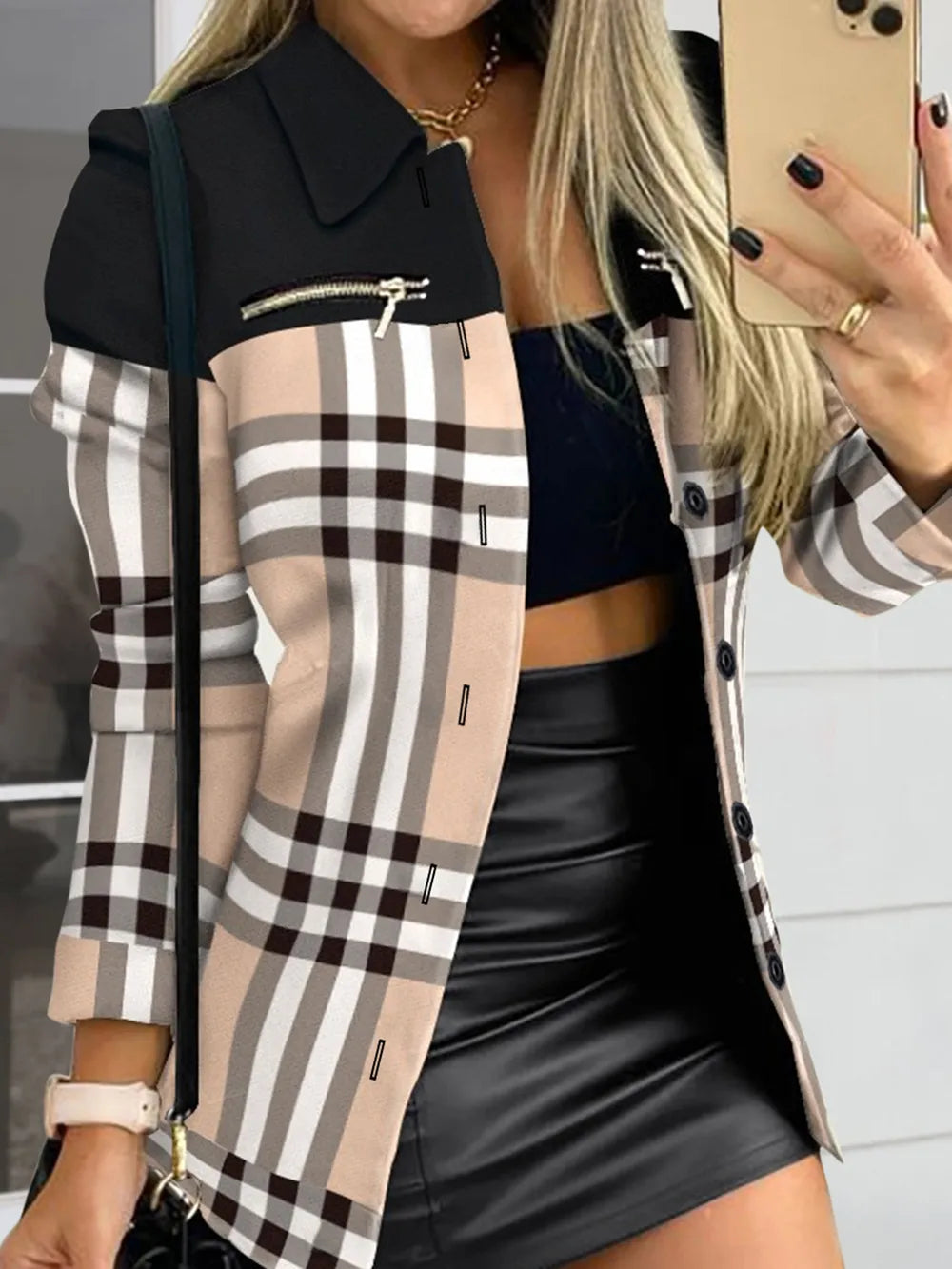 Long sleeved button color blocked printed lapel commuter suit for women - Korvel