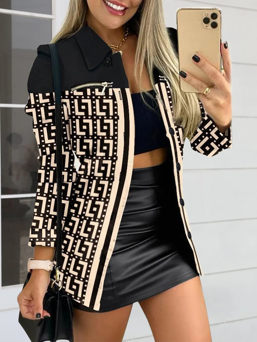 Long sleeved button color blocked printed lapel commuter suit for women - Korvel