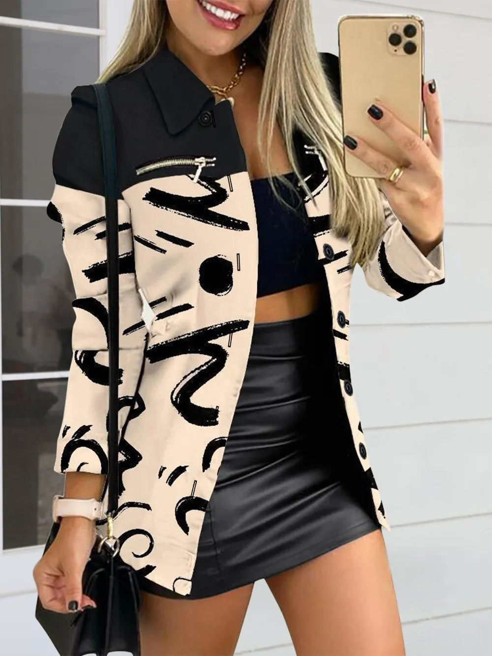 Long sleeved button color blocked printed lapel commuter suit for women - Korvel