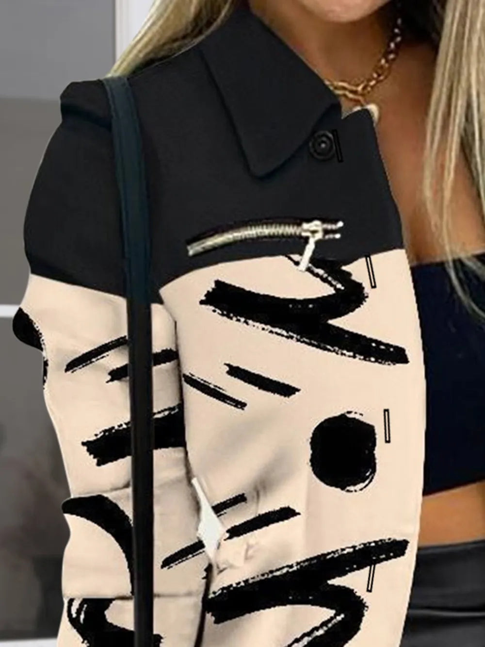 Long sleeved button color blocked printed lapel commuter suit for women - Korvel