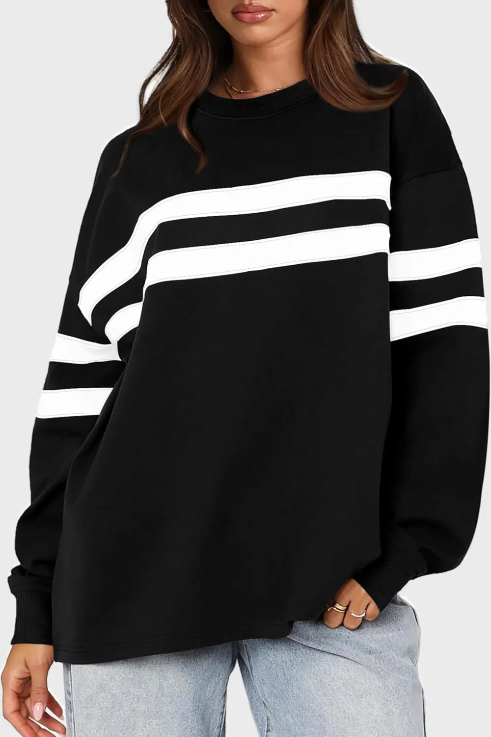 Lovelet Striped Round Neck Dropped Shoulder Sweatshirt - Korvel