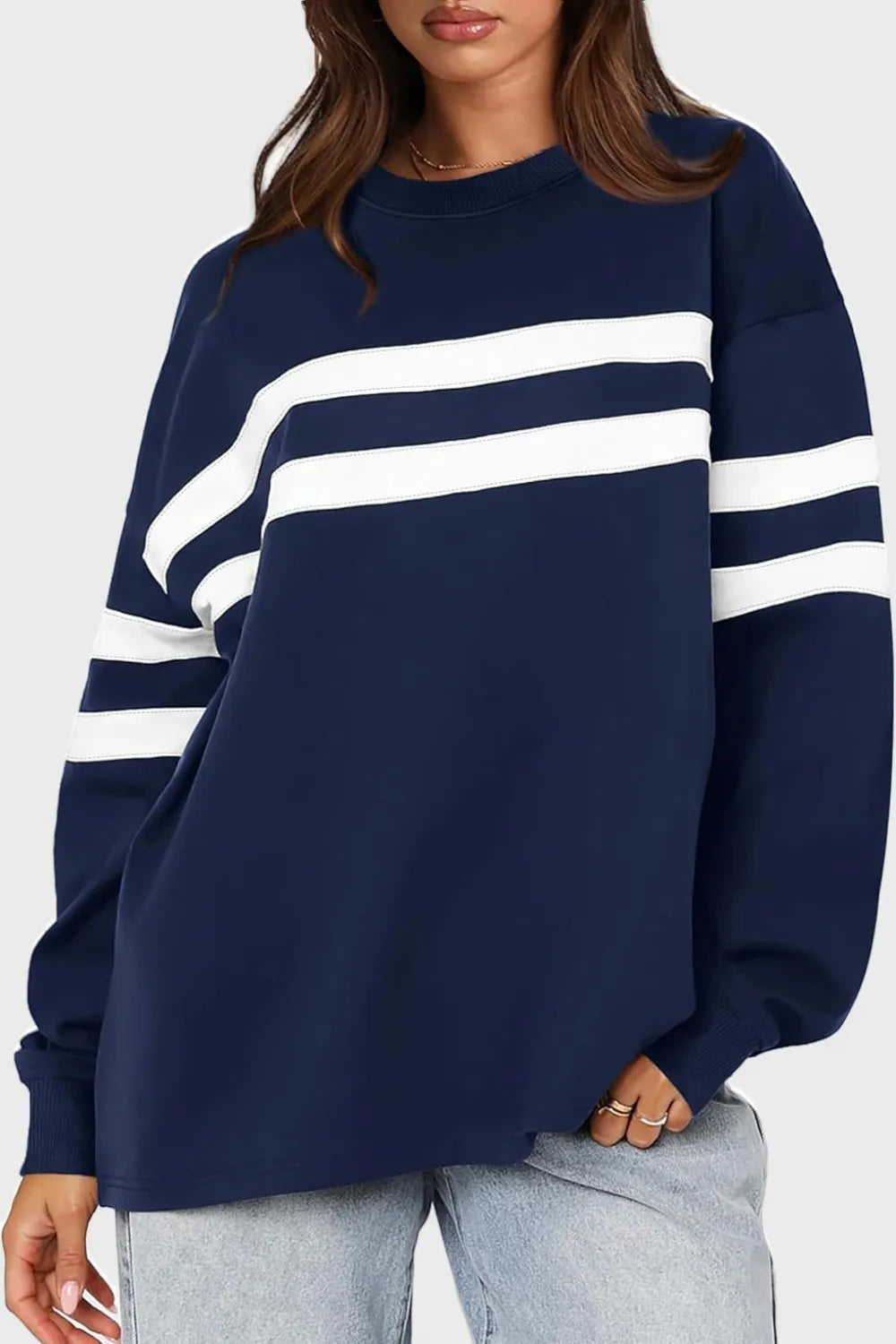 Lovelet Striped Round Neck Dropped Shoulder Sweatshirt - Korvel