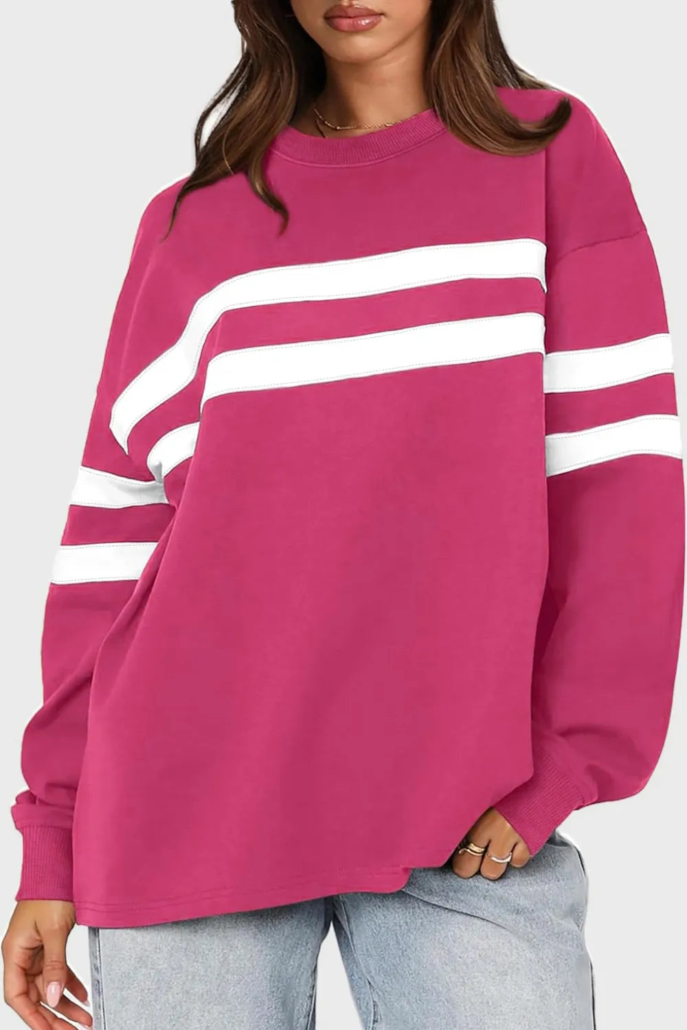 Lovelet Striped Round Neck Dropped Shoulder Sweatshirt - Korvel