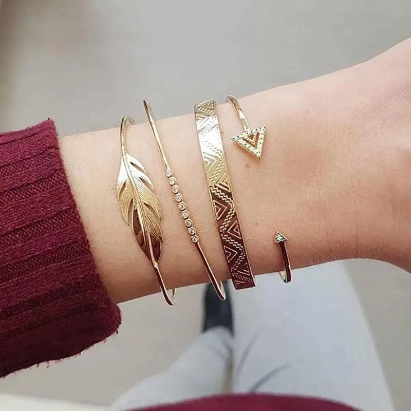 Luxury Modern Bohemian Gold Color Moon Leaf Crystal Opal Bracelet Set