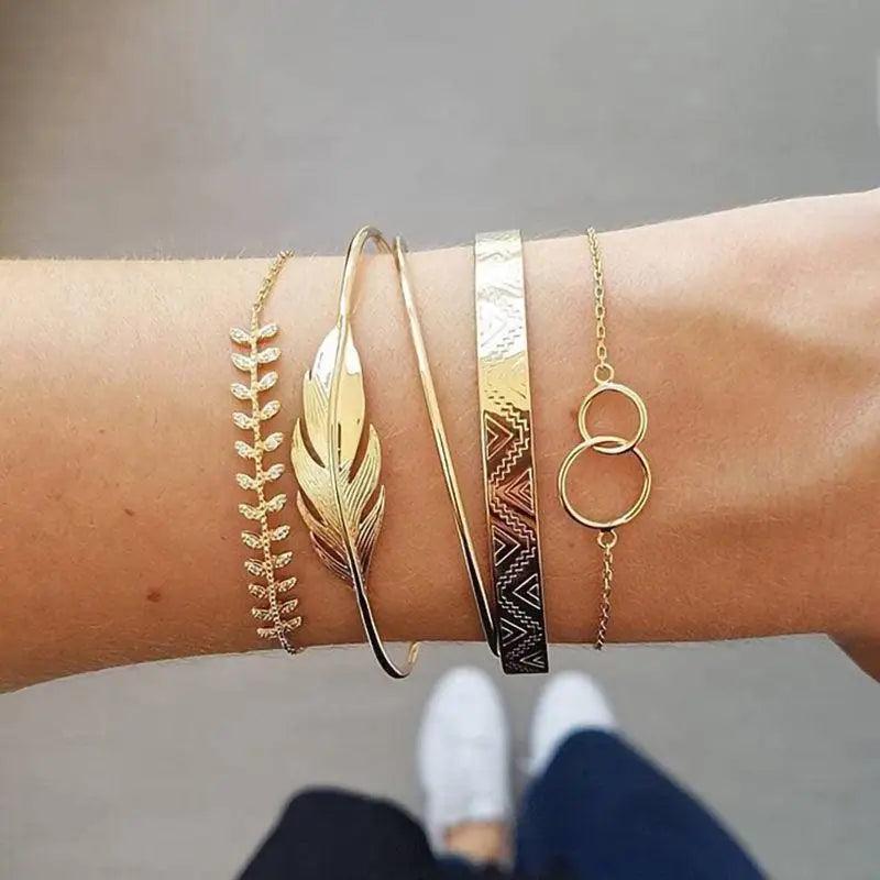 Luxury Modern Bohemian Gold Color Moon Leaf Crystal Opal Bracelet Set