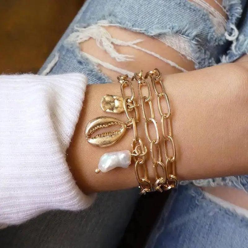Luxury Modern Bohemian Gold Color Moon Leaf Crystal Opal Bracelet Set