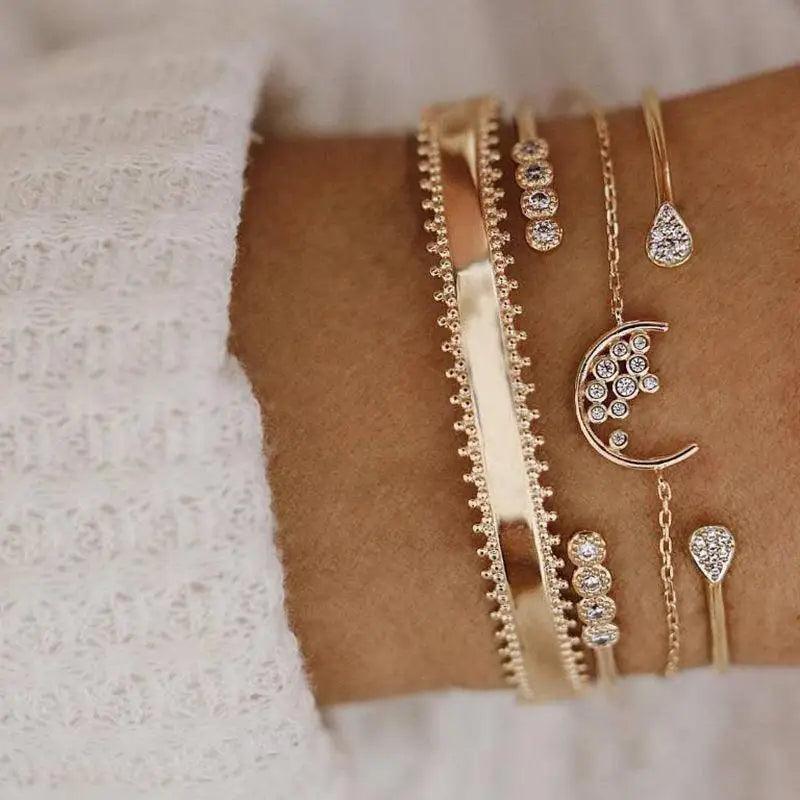 Luxury Modern Bohemian Gold Color Moon Leaf Crystal Opal Bracelet Set
