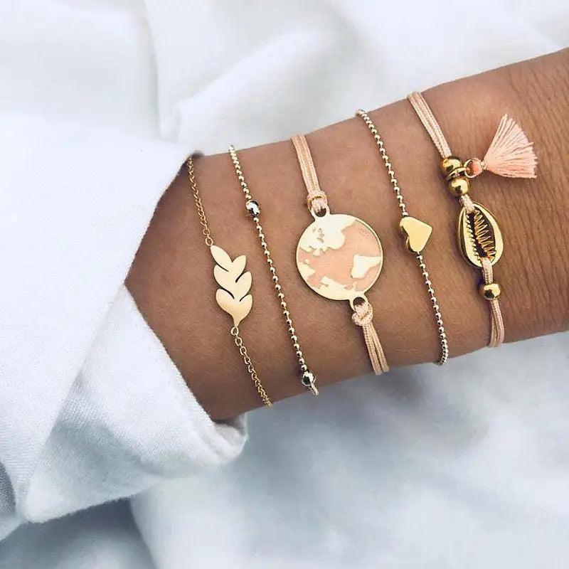 Luxury Modern Bohemian Gold Color Moon Leaf Crystal Opal Bracelet Set