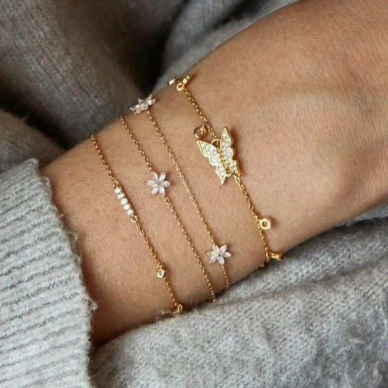 Luxury Modern Bohemian Gold Color Moon Leaf Crystal Opal Bracelet Set