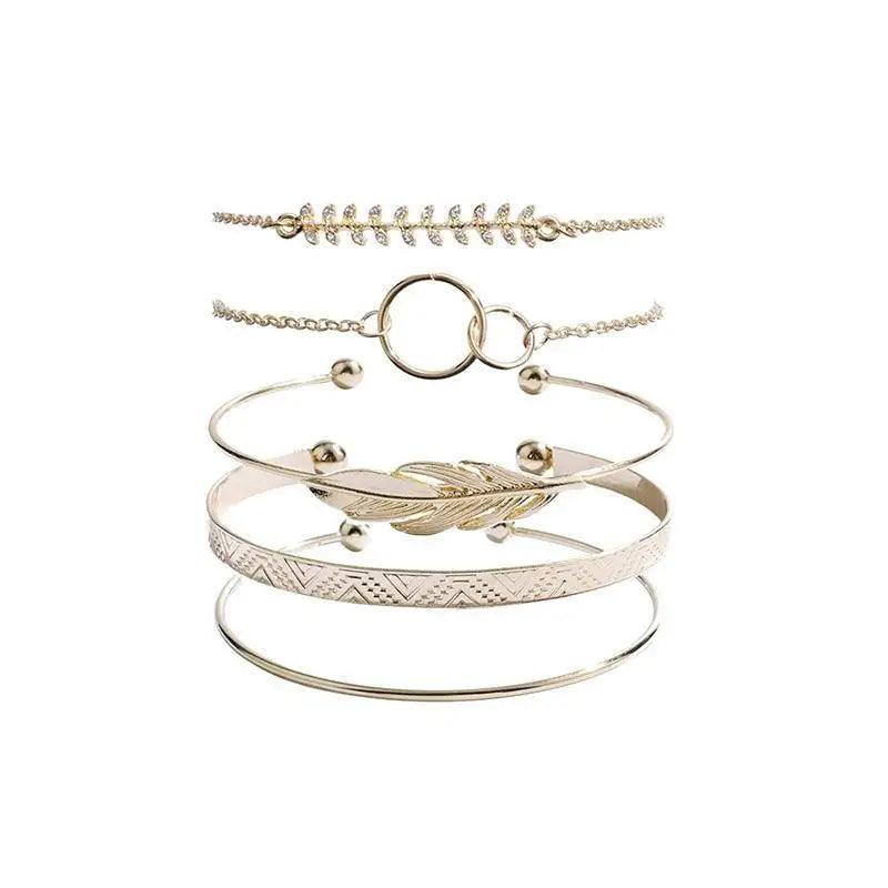 Luxury Modern Bohemian Gold Color Moon Leaf Crystal Opal Bracelet Set