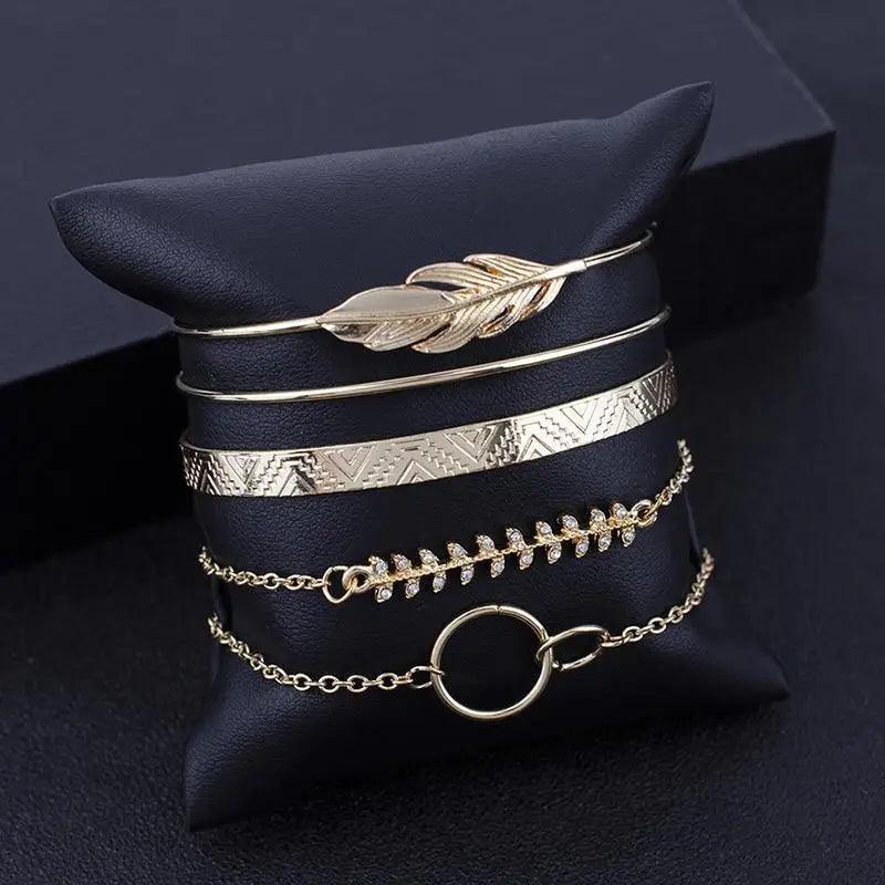 Luxury Modern Bohemian Gold Color Moon Leaf Crystal Opal Bracelet Set