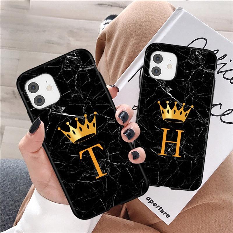 Coque de téléphone en marbre noir luxueux avec lettre couronnée pour iPhone 13 Pro Max et Mini