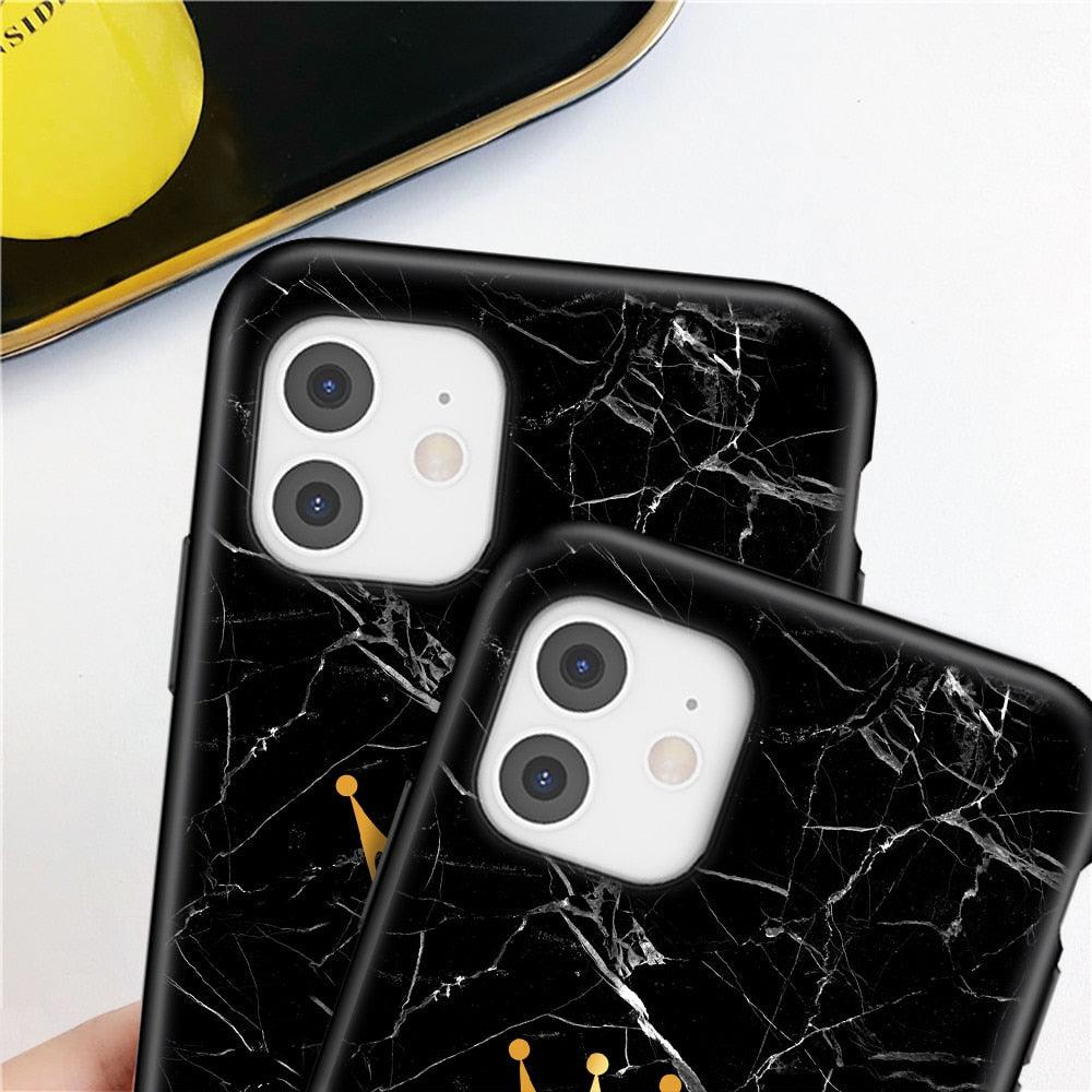Coque de téléphone en marbre noir luxueux avec lettre couronnée pour iPhone 13 Pro Max et Mini