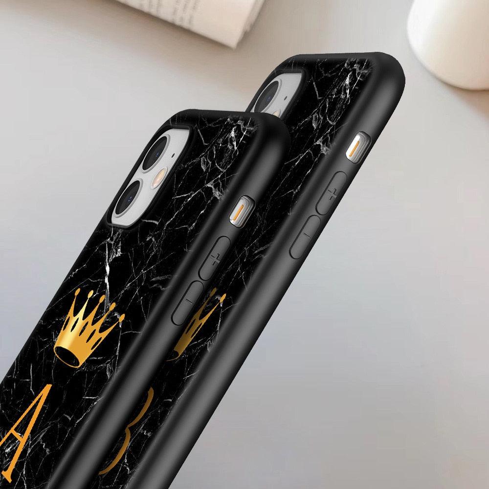 Coque de téléphone en marbre noir luxueux avec lettre couronnée pour iPhone 13 Pro Max et Mini