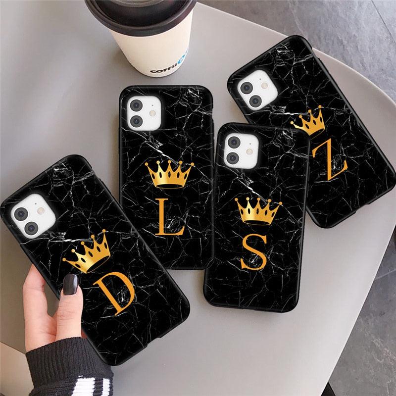 Coque de téléphone en marbre noir luxueux avec lettre couronnée pour iPhone 13 Pro Max et Mini