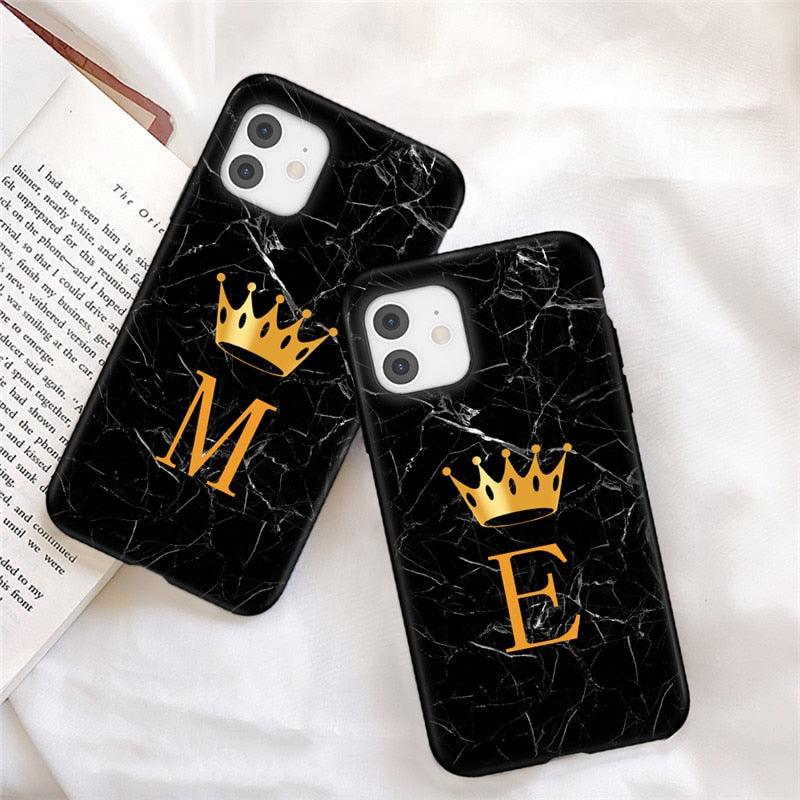 Coque de téléphone en marbre noir luxueux avec lettre couronnée pour iPhone 13 Pro Max et Mini