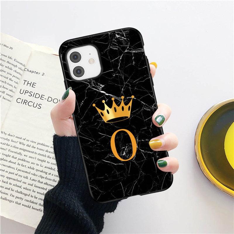 Coque de téléphone en marbre noir luxueux avec lettre couronnée pour iPhone 13 Pro Max et Mini