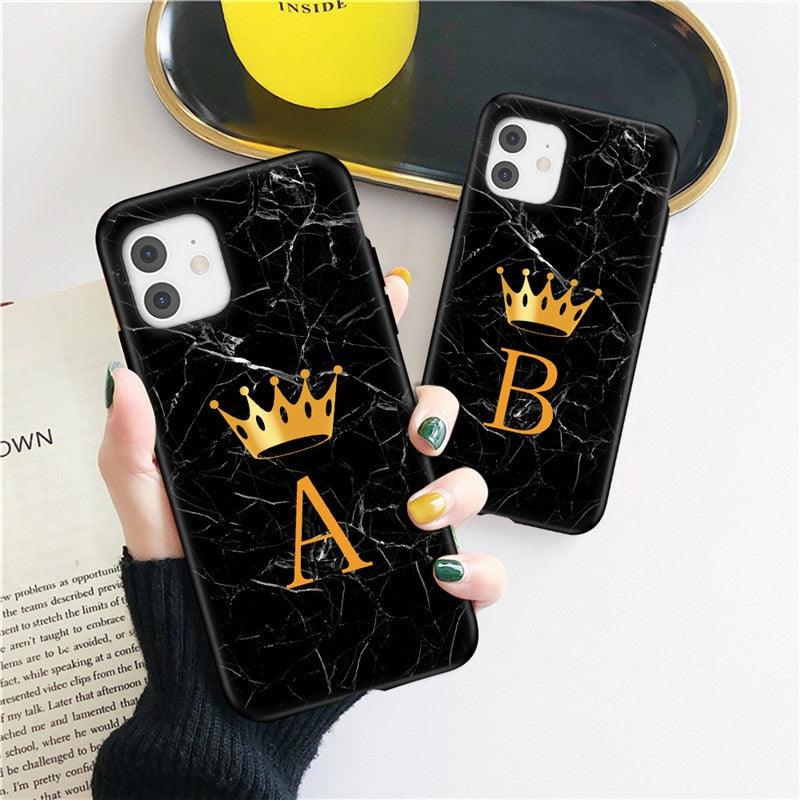 Coque de téléphone en marbre noir luxueux avec lettre couronnée pour iPhone 13 Pro Max et Mini