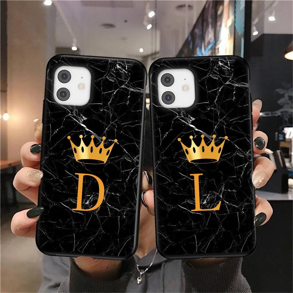 Coque de téléphone en marbre noir luxueux avec lettre couronnée pour iPhone 13 Pro Max et Mini