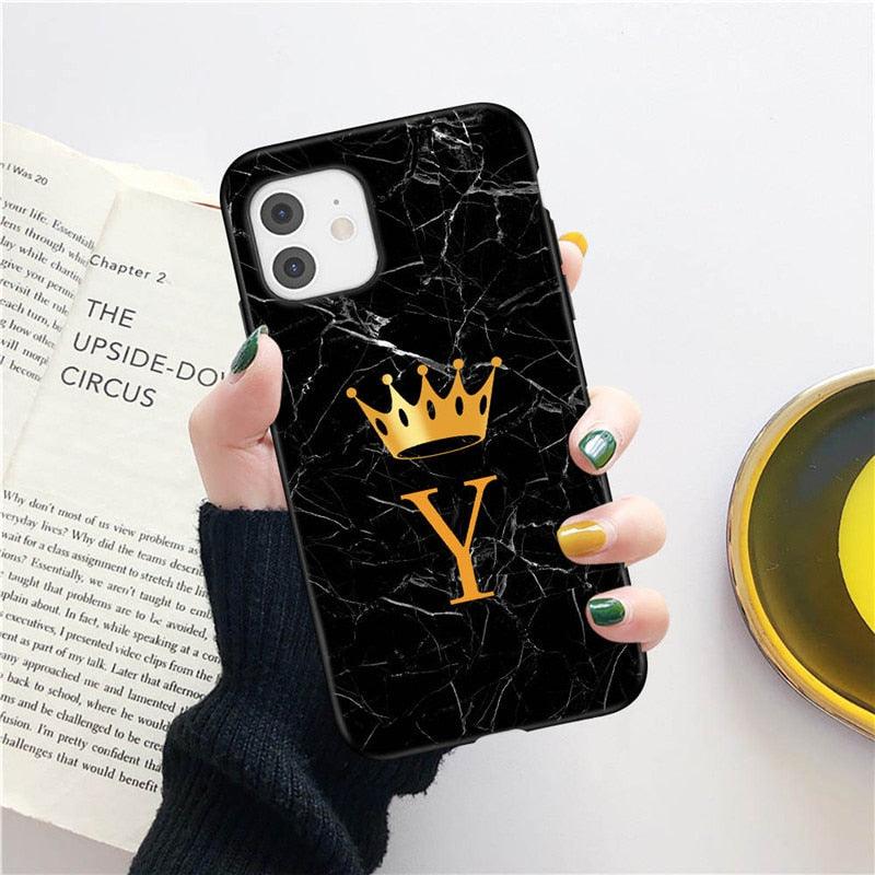 Coque de téléphone en marbre noir luxueux avec lettre couronnée pour iPhone 13 Pro Max et Mini
