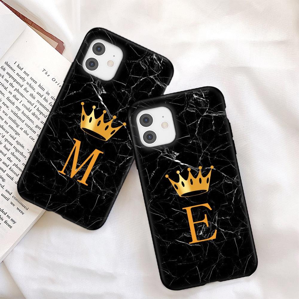 Coque de téléphone en marbre noir luxueux avec lettre couronnée pour iPhone 13 Pro Max et Mini