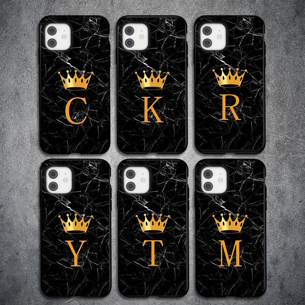 Coque de téléphone en marbre noir luxueux avec lettre couronnée pour iPhone 13 Pro Max et Mini