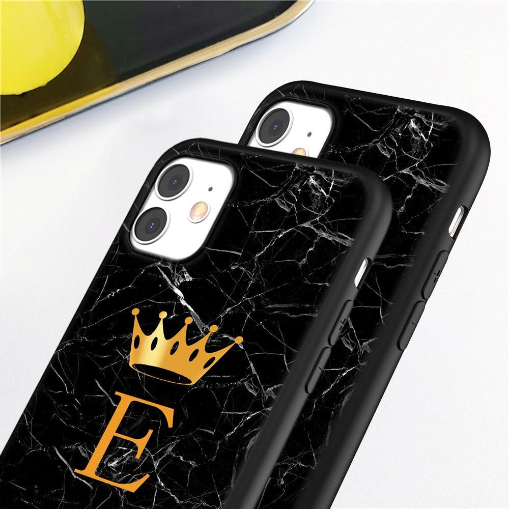 Coque de téléphone en marbre noir luxueux avec lettre couronnée pour iPhone 13 Pro Max et Mini
