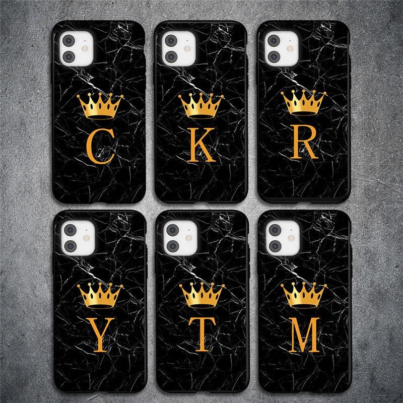 Coque de téléphone en marbre noir luxueux avec lettre couronnée pour iPhone 13 Pro Max et Mini